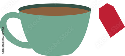 Enjoy a comforting cup of tea in a stylish teal mug with a vibrant red teabag, perfect for relaxation and cozy moments at home or in the office