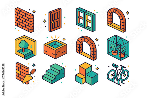 Adaptive Reuse Icons. Adaptive reuse with low-impact methods. Colorful isometric vector icons set of Adaptive reuse with low-impact methods: reclaimed brick