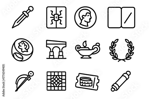 Roman Relics Icons. Roman relics. Line icon set of Roman relics: gladius, legionary shield, denarius coin, wax tablet, signet ring, aqueduct fragment, oil