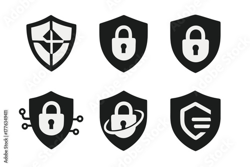 Cybersecurity Logo Designs. Cybersecurity for Digital Marketing and Advertising Platforms. Set Logo of Digital Security Set: Abstract geometric, Filled