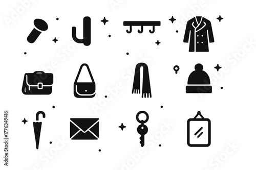 Minimalist Hallway Icons. Minimalist hallway hooks. Solid icons set of Minimalist hallway hooks: wooden peg, matte black hook, slim rail, trench