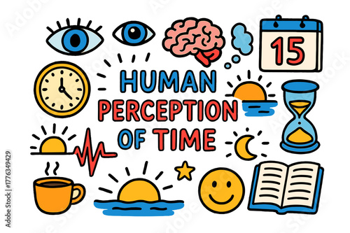 Time Perception Doodles. Human Perception of Time. Colorful Hand-drawn doodle Children illustration Human Perception of Time clock, eye, brain, thought bubble,