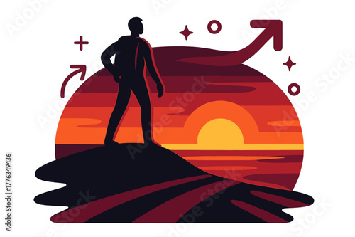 Sunset Silhouette. Silhouette in sunset. A lone figure stands on a ridge as the sun melts into bands; ?Golden hour? curls across the horizon. Long shadows