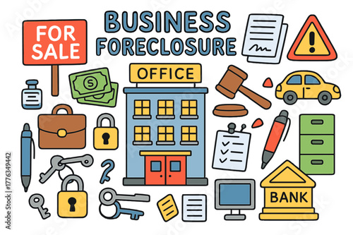 Foreclosure Icon Doodles. business foreclosure. Colorful Hand-drawn doodle Children illustration business foreclosure office building, "For Sale" sign, auction