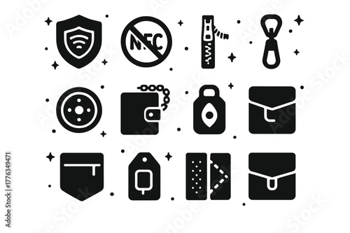 Security Icons Set. Security and anti-theft. Solid icons set of security and anti-theft: RFID shield, NFC block symbol, zipper lock, snap button, chain wallet,
