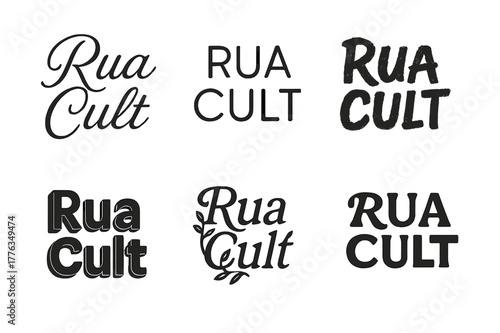 Diverse Lettering Styles. Rua Cult. Set lettering. harmonious lettering variations of the same emblematic concept, each with different artistic interpretation