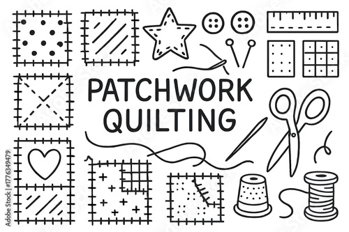 Patchwork Quilting Elements. Patchwork quilting. Hand-drawn doodle illustration patchwork quilting fabric squares, stitching lines, heart, star, needle,