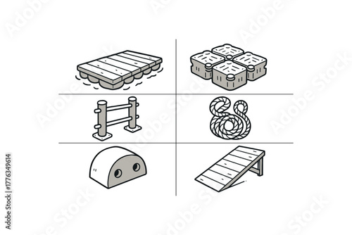 hand drawn cute doodle style line isolated on white background: floating dock modular blocks rail posts mooring rope rubber bumper shore ramp