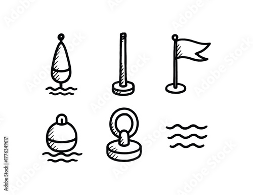 hand drawn cute doodle style line isolated on white background: marker buoy tall post flag top base float mooring ring ripple lines
