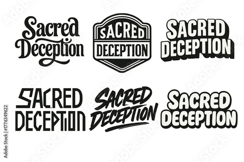 Harmonious Lettering Variations. Sacred Deception. Set lettering. harmonious lettering variations of the same emblematic concept (Whimsical curly type with