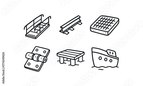hand drawn cute doodle style line isolated on white background: gangway ramp metal rails grated floor hinge joint dock ship side