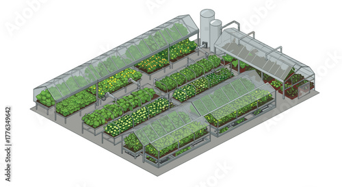 Modern isometric greenhouse with automated hydroponic systems and diverse plant varieties