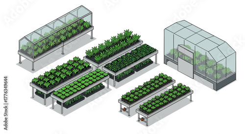 Isometric greenhouse setup with indoor plant tables and vegetables
