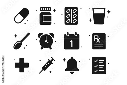 Medication Reminder Icons. Medication Reminders. Solid icons set of Medication Reminders: pill capsule, pill bottle, blister pack, water glass, dosage spoon,