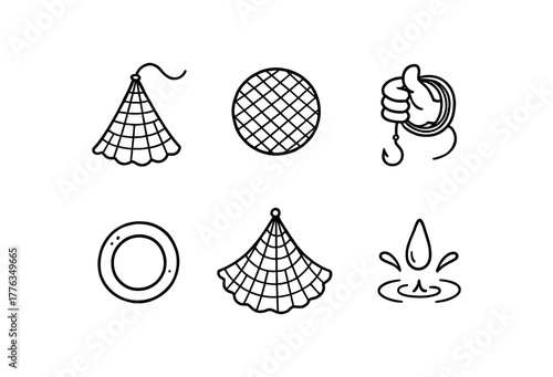 hand drawn cute doodle style line isolated on white background: cast net circular mesh hand line lead ring spread motion splash drop