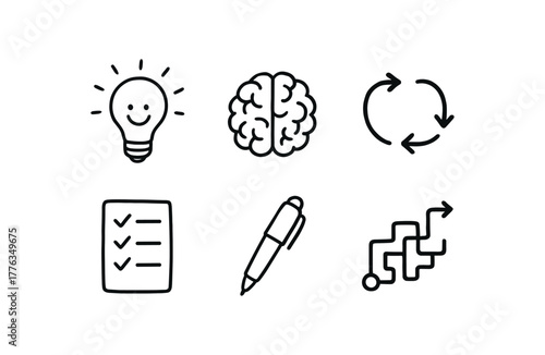 hand drawn cute doodle style line isolated on white background: idea solver brain icon connecting arrows checklist sheet pen solution path