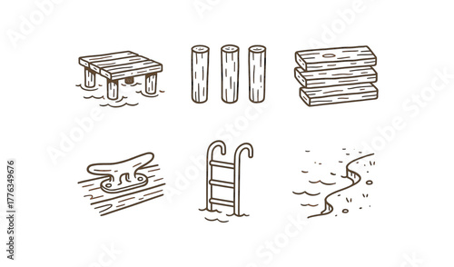 hand drawn cute doodle style line isolated on white background: wooden dock support posts plank boards cleat mounts ladder side water edge