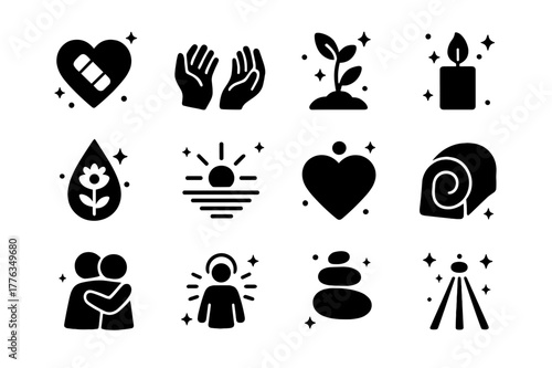 Emotional Healing Icons. Emotional healing. Solid icons set of emotional healing: heart with bandage, soothing hands, growing plant, candlelight, teardrop