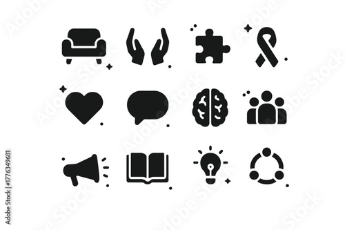 Therapy Support Icons. Therapy & Support. Solid icons set of Therapy & Support: therapy tools, hands, puzzle piece, ribbon, heart, speech bubble, brain, group