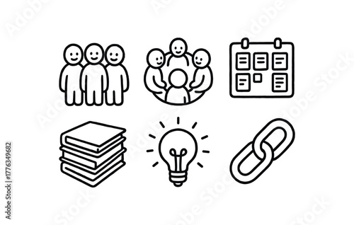 hand drawn cute doodle style line isolated on white background: teamwork group circle meeting task board folder stack idea icon chain