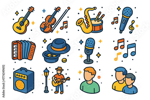 Colorful Busker Icons. Music busker. Colorful isometric vector icons set of music busker: guitar, violin, saxophone, drum, accordion, hat for tips, microphone,