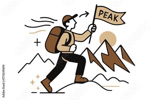 Summit Victory. Mountain hiker outline. A backpacker lifts a flag labeled ?Peak? as the sun slips behind jagged forms; wind lines ribbon forward. Tiny sparkles