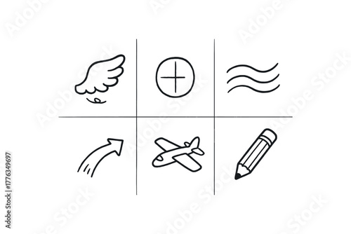 hand drawn cute doodle style line isolated on white background: wing draft outline sketch flow lines test arrow model plane drawing tool
