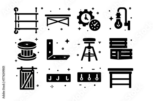 Industrial Rustic Icons. Industrial rustic decor with reclaimed wood. Solid icons set of Industrial rustic decor with reclaimed wood: pipe shelving,