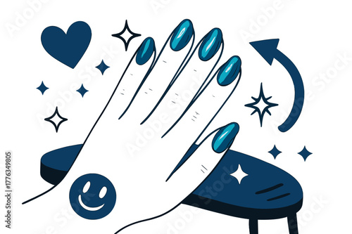 Stylish Foil Nails. Foil nails. Display of metallic foil nails on manicure table with abstract floating icons, sparkles, and arrows; conveys nail fashion,