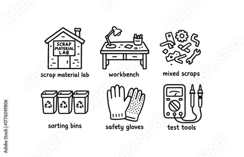 hand drawn cute doodle style line isolated on white background: scrap material lab workbench mixed scraps sorting bins safety gloves test tools