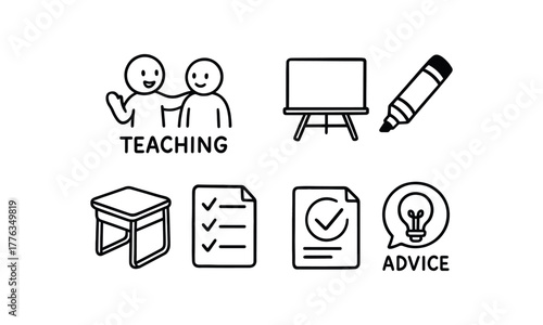 hand drawn cute doodle style line isolated on white background: teaching mentor whiteboard marker pen student desk checklist page advice icon