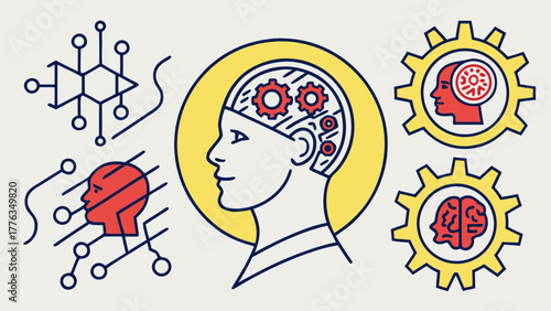 A head with gears, a molecule, and a face in a gear, this image represents the concept of artificial intelligence