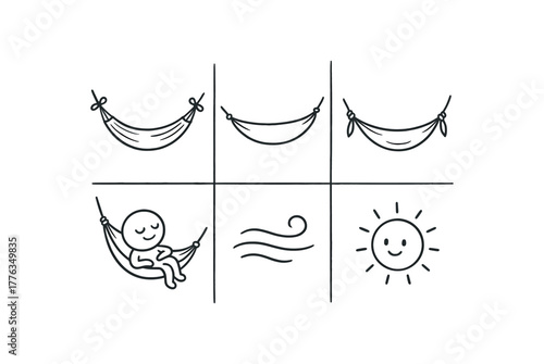 hand drawn cute doodle style line isolated on white background: hammock bed side knots stretched cloth tied ends rest figure breeze