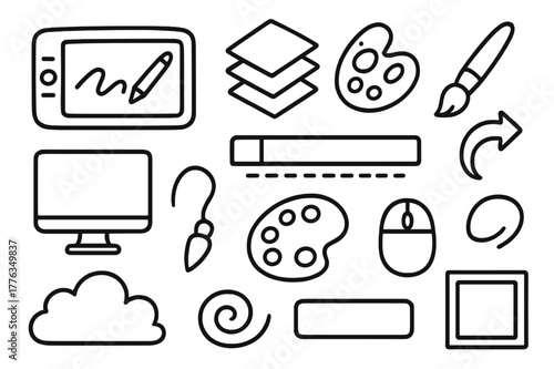 Digital Drawing Tools. Digital painting. Hand-drawn doodle illustration digital painting tablet, stylus, monitor, layers icon, color picker, brush icon, undo
