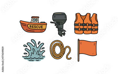 hand drawn cute doodle style line isolated on white background: rescue launch boat motor engine life vests splash wake tow rope safety flag