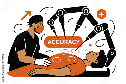 Robotic Surgery Precision. Healthcare Tech ? Robotics in Surgery. Robotic arms extend delicately over a stylized patient; soft circles mark precision points.