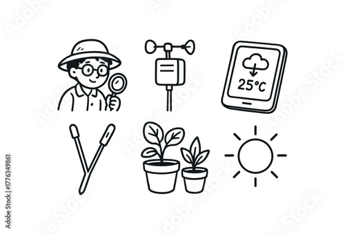 hand drawn cute doodle style line isolated on white background: microclimate researcher weather sensor data tablet air probe plant pots sun icon