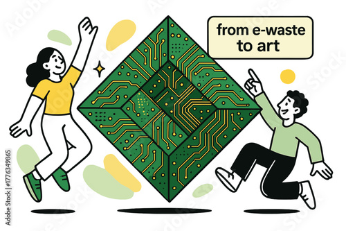 E-Waste Transformed Art. Circuit-Board Art. Discarded PCBs arranged into a geometric wall piece; copper traces shimmer. A label ?from e-waste to art? floats