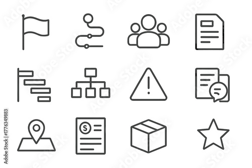 Kickoff Line Icon Set. Project Kickoff. Line icon set of Project Kickoff: kickoff flag, roadmap, team roles, scope document, timeline Gantt, resource plan,