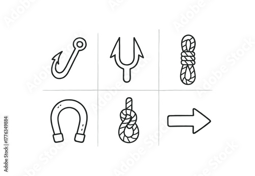 hand drawn cute doodle style line isolated on white background: throwing hook sharp prongs rope tie steel body grip knot pull arrow