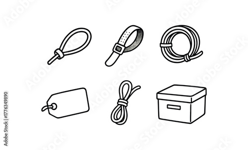 hand drawn cute doodle style line isolated on white background: cable binder velcro strap rolled wire label tight loop storage box
