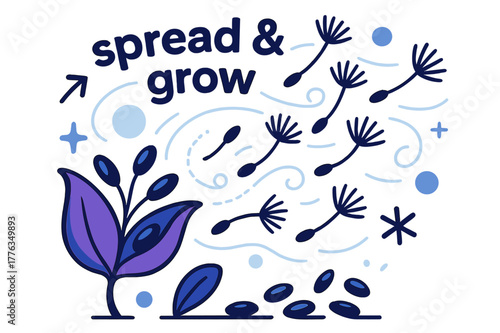 Seeds in Motion. Seeds ? Wind Scatter. Light gusts lift seeds from a pod; spiral lines mark flight paths. Text ?spread & grow? arcs through the breeze. Modern