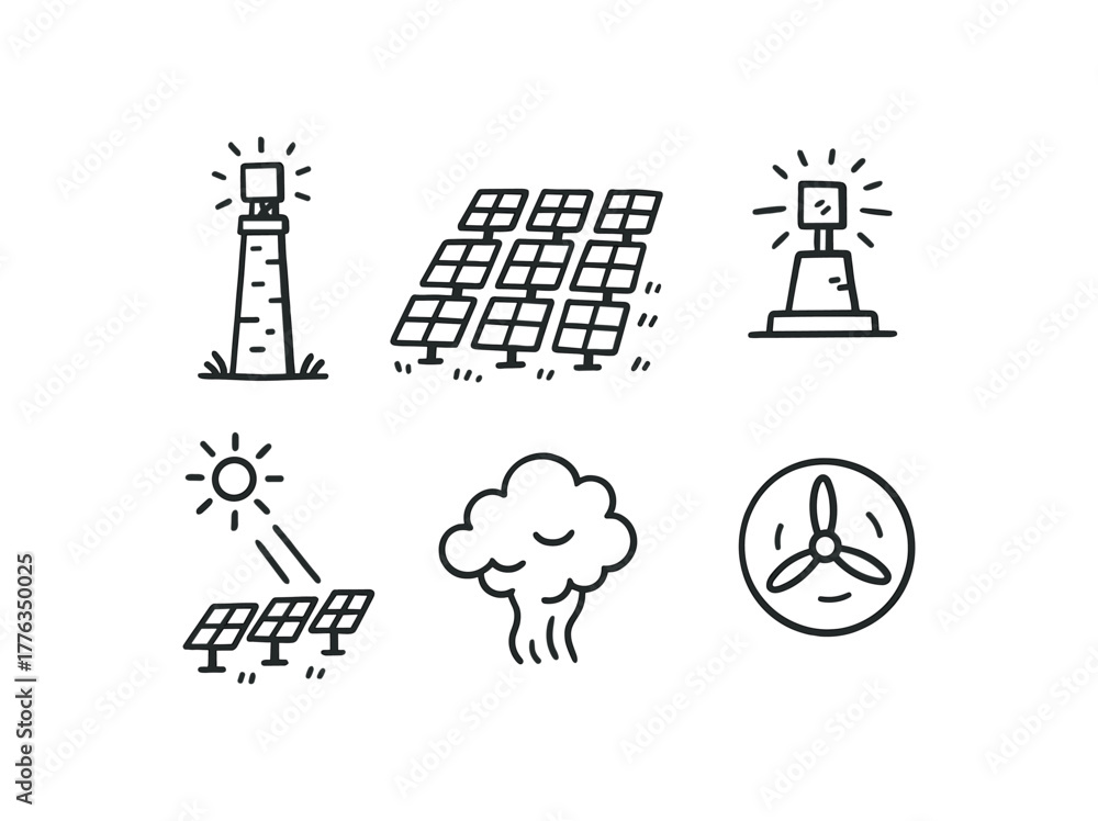 Fototapeta premium hand drawn cute doodle style line isolated on white background: solar tower mirror field central receiver heat beam steam cloud turbine icon