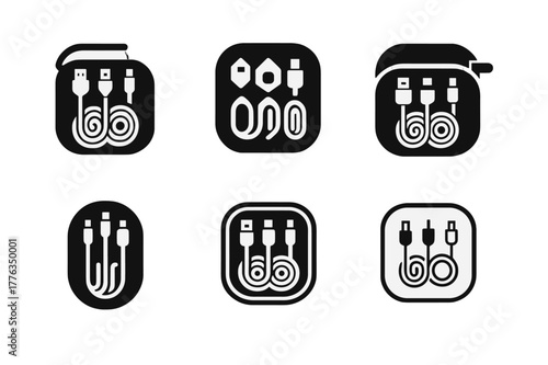 Harmonious Travel Logos. Travel cable kit. Set Logo of Travel cable kit: zip pouch with neatly wound leads. harmonious logo variations of the same emblematic