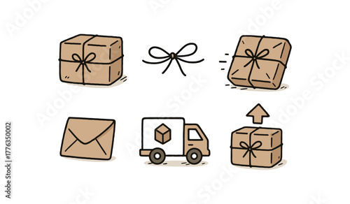 hand drawn cute doodle style line isolated on white background: wrapped parcel string tie shipping folded flap delivery icon drop shadow