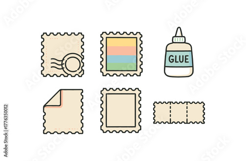 hand drawn cute doodle style line isolated on white background: vintage stamp colorful print glue back corner fold collector frame sheet strip