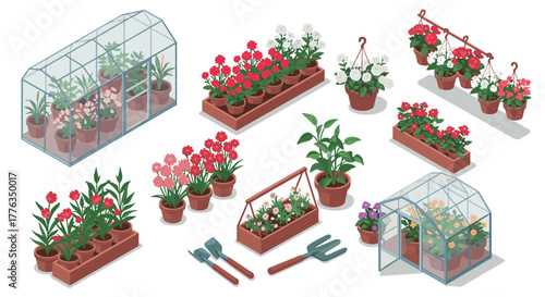 Isometric greenhouse and potted plants collection with gardening tools in detailed design