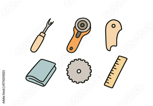 hand drawn cute doodle style line isolated on white background: sewing trimmer rotary cutter safety guard sharp wheel fabric fold ruler guide