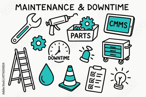 Maintenance Doodle Icons. // Maintenance & downtime. Hand-drawn doodle illustration Maintenance & downtime [wrench (accented), grease gun, spare parts bin