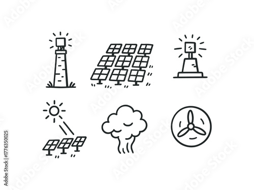 hand drawn cute doodle style line isolated on white background: solar tower mirror field central receiver heat beam steam cloud turbine icon